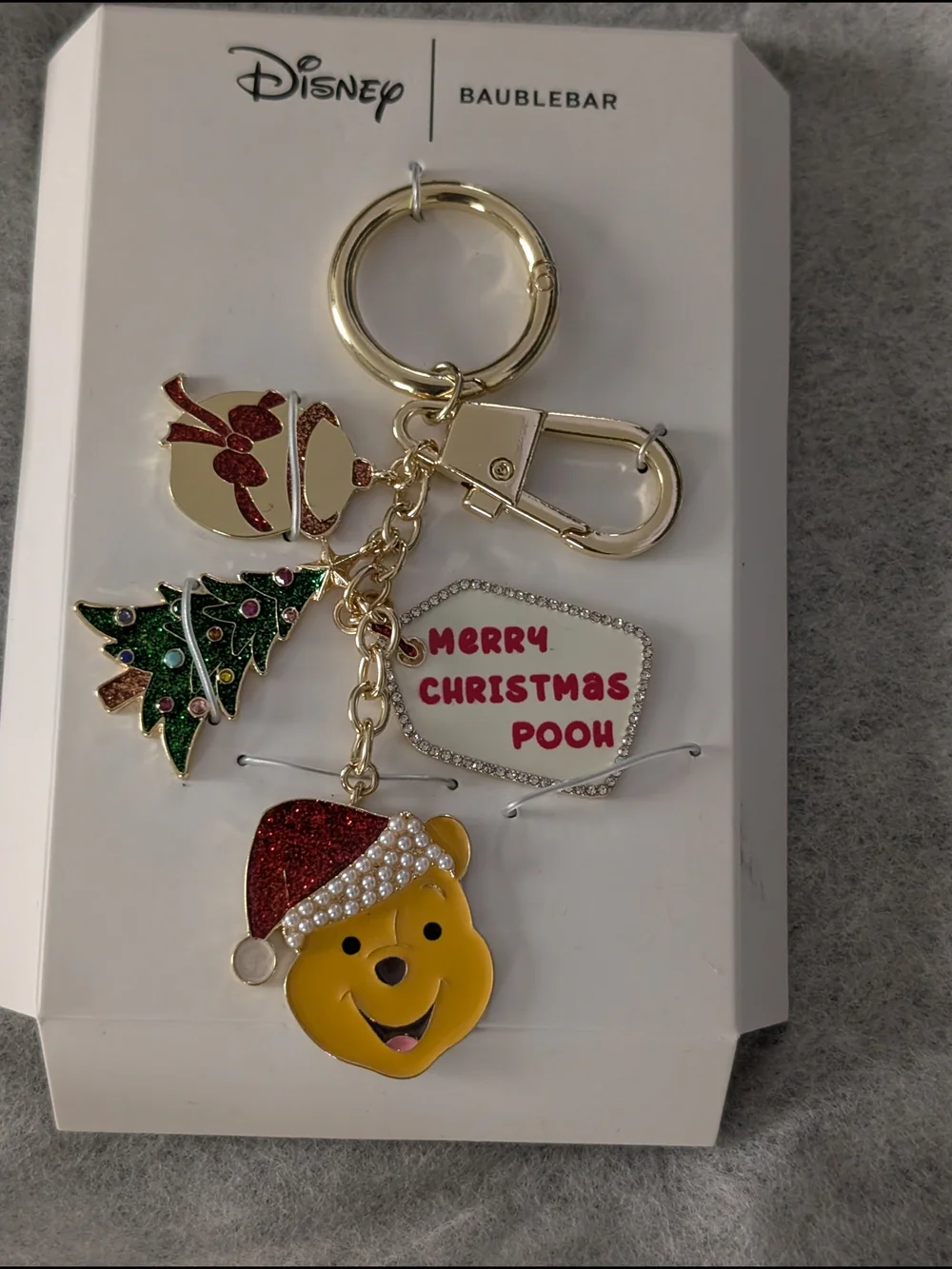 BaubleBar Gold-Tone Winnie the Pooh Holiday Keychain with Green & Red Accents